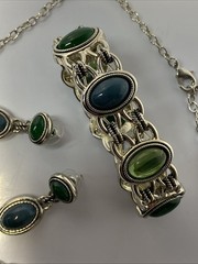 Vintage Silvertone Faux Jade Lariat Necklace + Bracelet + Earrings Set