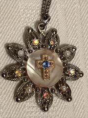 Vintage 1950’s Beautiful Pendant Cross Necklace Faux Pearls AB Rhinestones