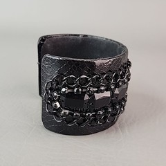 Cuff Bracelet Wide Black Faux Leather Chain Acrylic Beads 7″