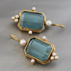 Vintage Blue Topaz Intaglio Crystal Dangle Earrings Antique Style Jewelry