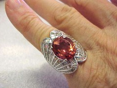 Spectacular Salmon Tourmaline & Baguette Diamond Ring 14k W.G. 6.5 Make Offer