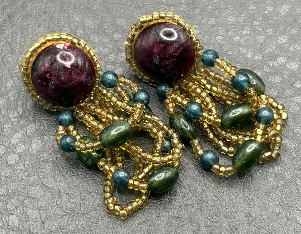 VTG 70s – 80s Beaded Boho Dangle Pierced Earrings Chandelier Purple Gold Green