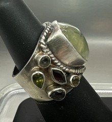 VTG NATURAL PREHNITE 925 STERLING SILVER HANDMADE RING SURROUNDED BY OTHER GEMS