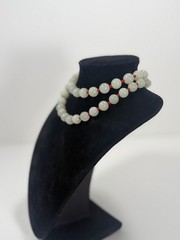 Vintage Chinese Red Knot Celadon Jade Bead Necklace 24” W/ Silver Clasp