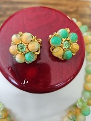 RARE Judy Lee DUCHESSE Peach and Green Mottled Beads/AB Crystals Parure NWT