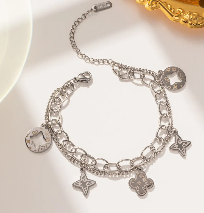 Vintage Stainless Steel Double Layer Bracelet 18K Gold Plated Monogram Pattern