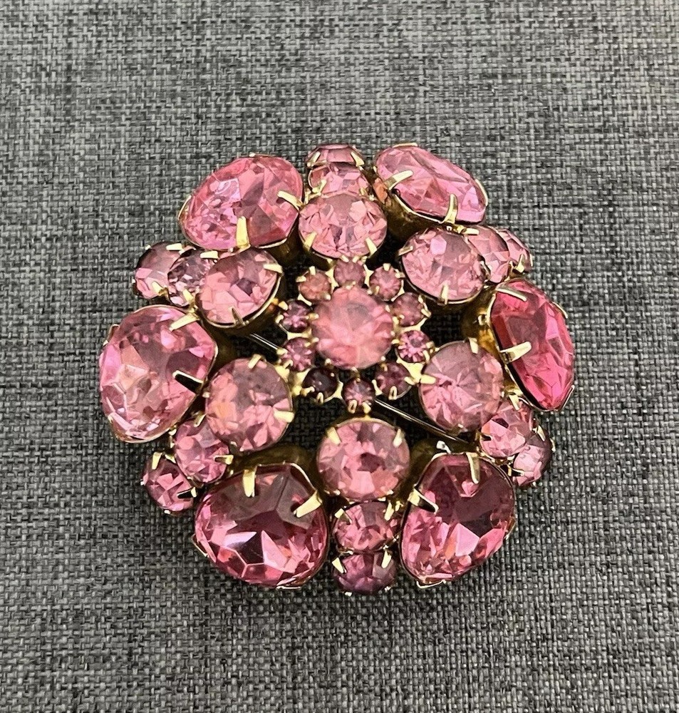 VTG Blush Pink Rhinestone Brooch Pin Big Domed Round Hollywood Regency Style Lg
