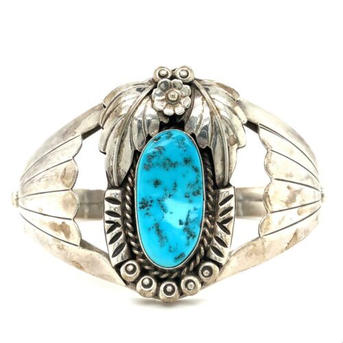 Vtg Signed Sterling Old Pawn Navajo Morenci Turquoise Stone Cuff Bracelet 6 3/4