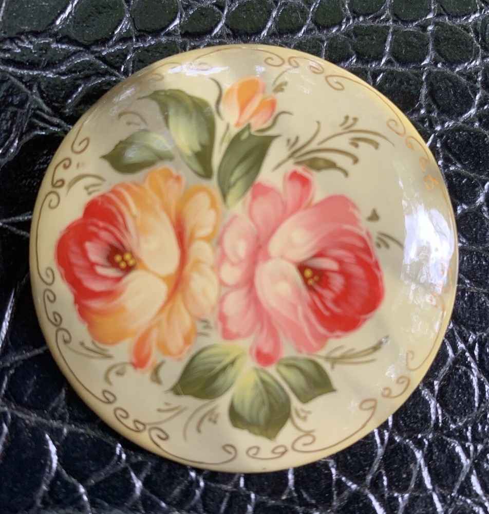 VTG Russian Lacquer Brooch Pin Signed Hand Painted Floral Round Pink Gold Cream