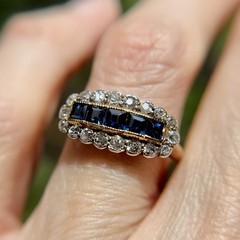 Antique 14K Gold Sapphire & Diamond Saddle Ring Victorian Edwardian Estate 7.25