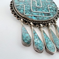 Vintage Southwest Turquoise 5 Teardrop .925 Silver Pendant Brooch Taxco Mexico