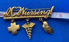 Vintage JJ Jonette GoldTone Pin Brooch I Love Nursing Dangle Charms J07