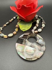Vintage Mother Of Pearl & Abalone Coin Necklace With Large Shell Pendant
