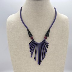Vintage 80s Purple & Black Waterfall Spiked Wooden Beaded Bib Necklace Jewelry