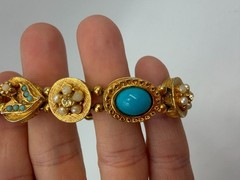 Vintage Bracelet Victorian Slide Charm Blue Bead Goldtone 6.5 inches
