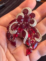 Vintage Mid Century Ruby Red Rhinestone Brooch Rhodium Plated Open Back Unsigned