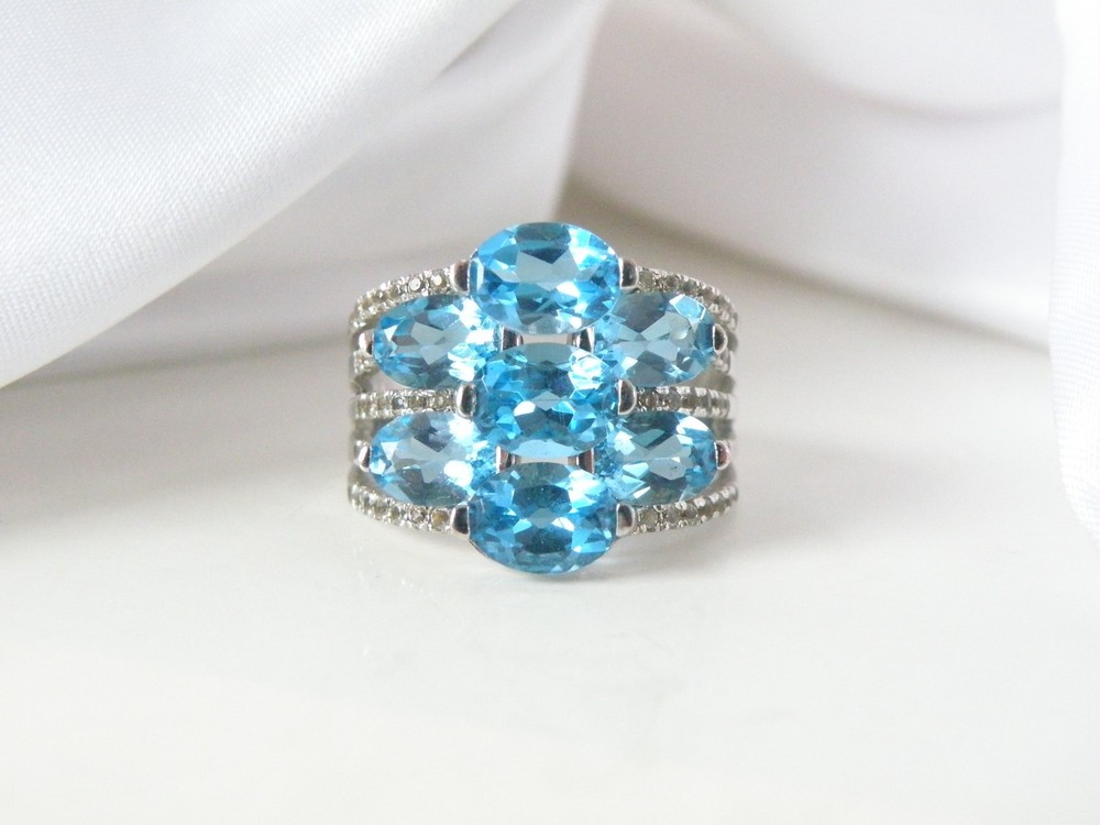 Sterling Silver 925 Natural Heated Blue Topaz Multi Row Statement Ring Size 11