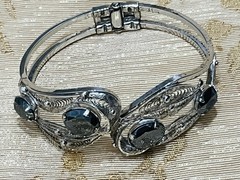 Sorrento Sterling Silver Hematite Filigree Hinged Bangle Bracelet VTG Fairy Core