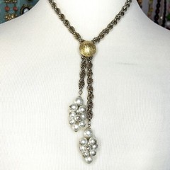VTG Gold Tone Pearl Lariat Necklace Working Slide Y drop Dangle Cluster NICE