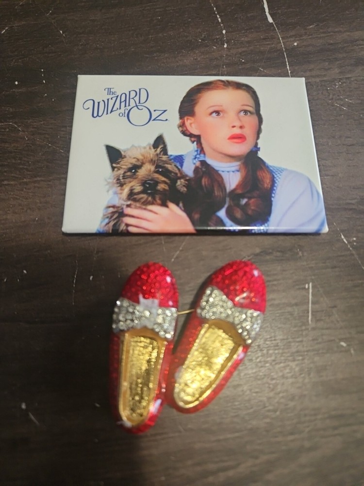 Vintage Mode Art Ruby Slippers Brooch Pin Wizard of Oz & Magnet