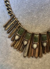 Vtg Rustic Metal & Stone Beaded Fringe Bib Statement Chain Necklace