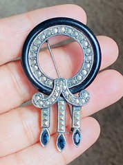 VINTAGE 925 STERLING SILVER ONYX SAPPHIRE MARCASITE ART DECO BROOCH PIN 11-GRAMS
