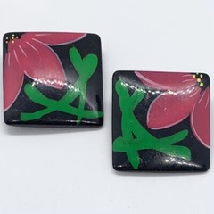 VTG 80s RESIN PINK FLOWER BLACK BIG SQUARE EARRINGS CLIP-ON STATEMENT