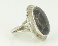 Vintage 925 Sterling Silver Man Made Jasper Composite Black and Gold Oval Ring 7