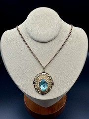 VTG 1940s Scrollwork Brooch Aqua Blue Glass Faux Pearl With Gold Tone