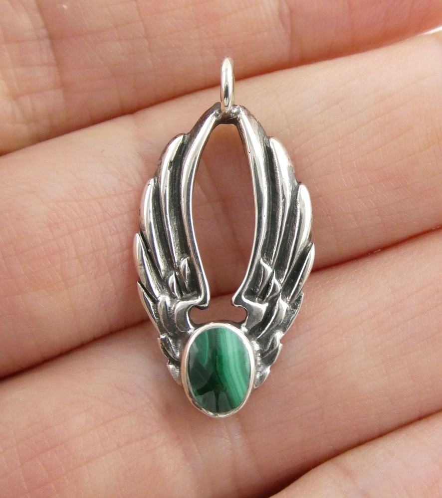 Vintage Sterling Silver Malachite Cabochon Winged Angel Wings Pendant 2.4g 1 In