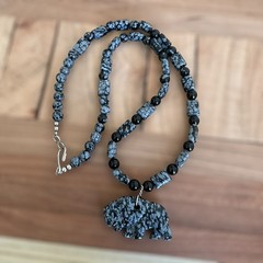 VTG Pendant Necklace 19 Inch Carved Buffalo Snowflake Obsidian Black Onyx Beads