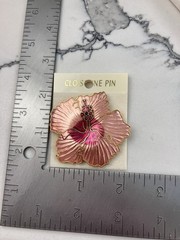 Vintage Cloisonné Gold Tone Pink Enamel Hibiscus Flower Brooch Pin