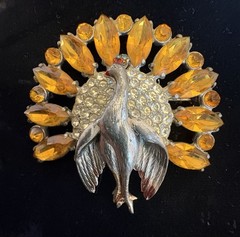 30s Vintage Pot Metal Peacock Brooch Amber Glass Marquise Pave Rhinestones 2.5″