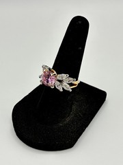 Vintage 1980s Yellow Gold Over Silver Pink Topaz Cubic Zirconia Cocktail Ring.