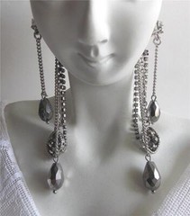 DUAL 1 OR 2 PAIR CRYSTAL RHINESTONE & GRAY HEMATITE CHANDELIER PIERCED EARRINGS