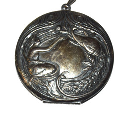 Vintage Art Nouveau Tin Compact/Pendant Locket Peacock & Goddess