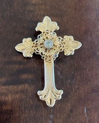 Cross Brooch Jane Davis Signed 1998 AOL Angels of Love Gold Tone w/Rhinestone’s