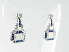Art Deco Style Lab Created Diamond & Sapphire Wedding 14K White Gold FN Earrings