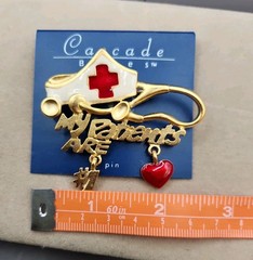 Vintage TONA NURSE PIN BROOCH My Patients Are #1 GOLDTONE White Red ENAMEL HEART