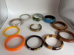 Vintage Bangle Bracelet Lot 11 Mixed Wood Acrylic Resin Lucite Boho As Is
