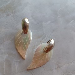 Vintage Midcentury Gold & White Mother Of Pearl Carved Leaf Omega Clip Earrings
