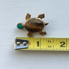 Vintage Tiger’s Eye Scarab Turtle Pin Brooch with Green Stone Head