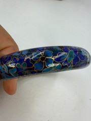Vintage Bracelet Champleve Blue Floral 8.5 Inches Hollow Metal Bangle Asian