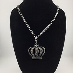 Vtg Necklace Chunky Crown Pendant SilverT Rhinestone Hip Hop Layer 30-33”