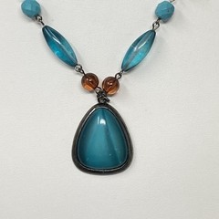 Pendant Necklace Blue Brown Glass Beads Acrylic Teardrop Brown Cord Chain Collar