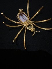 Vintage Czech Spider Brooch Gold Cats Eye Glass Cabochon Purple Rhinestone