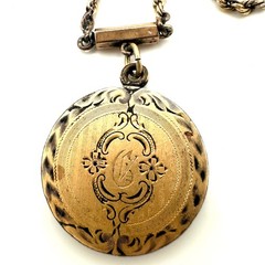 Antique Victorian gold filled twisted rope chain etched disc pendant necklace