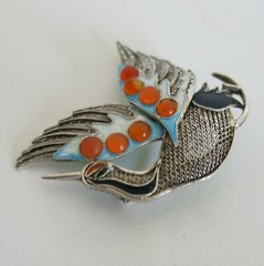 Sterling Silver Sea Bird Brooch Enamel with 7 Orange Stones 5.1g [6328]