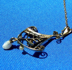 Original EARTH MINED DIAMOND Pearl ART Deco Pendant Medallion Necklaces 14K GOLD