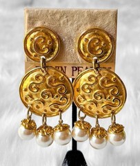 ERWIN Pearl Vintage Baroque Runway Hollywood Byzantine Gold Statement Earrings